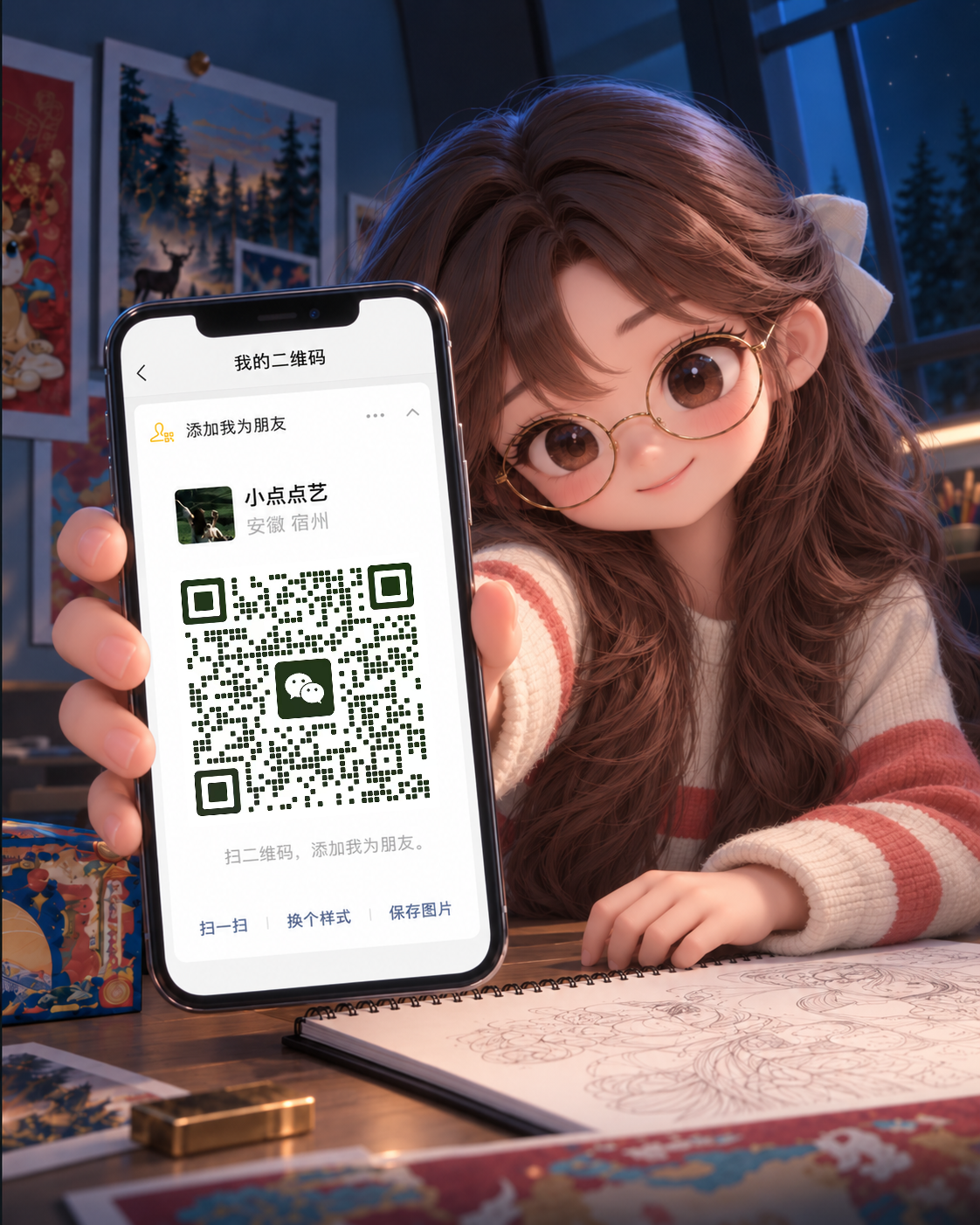杨欣雨的立体卡通形象，单手向你展示手机中的加好友二维码